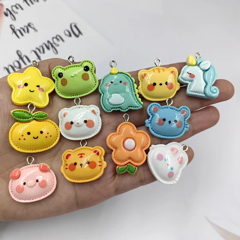 10pcs 동물 고양이 토끼 사자 돼지 개구리 귀걸이 매력 스타 오렌지 펜던트 플랫 백 키 체인 DIY 쥬얼리 결과 만들기