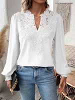 Womens Long Sleeve Sweaters Fall 2024 Trendy Sexy Lace V Neck Puff Sleeve Pullover Sweater Cute Tops - Image 5