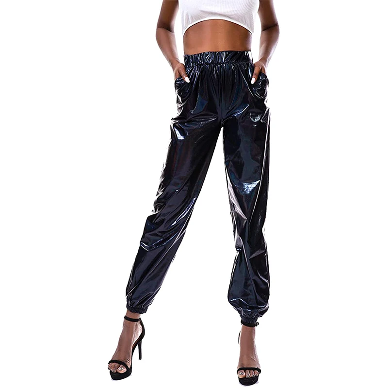 

Women's High Waist PU Leather Pants, Casual Loose Bloomers with Pocket, Shiny Patent Leather Stretch Trousers, Office Lady