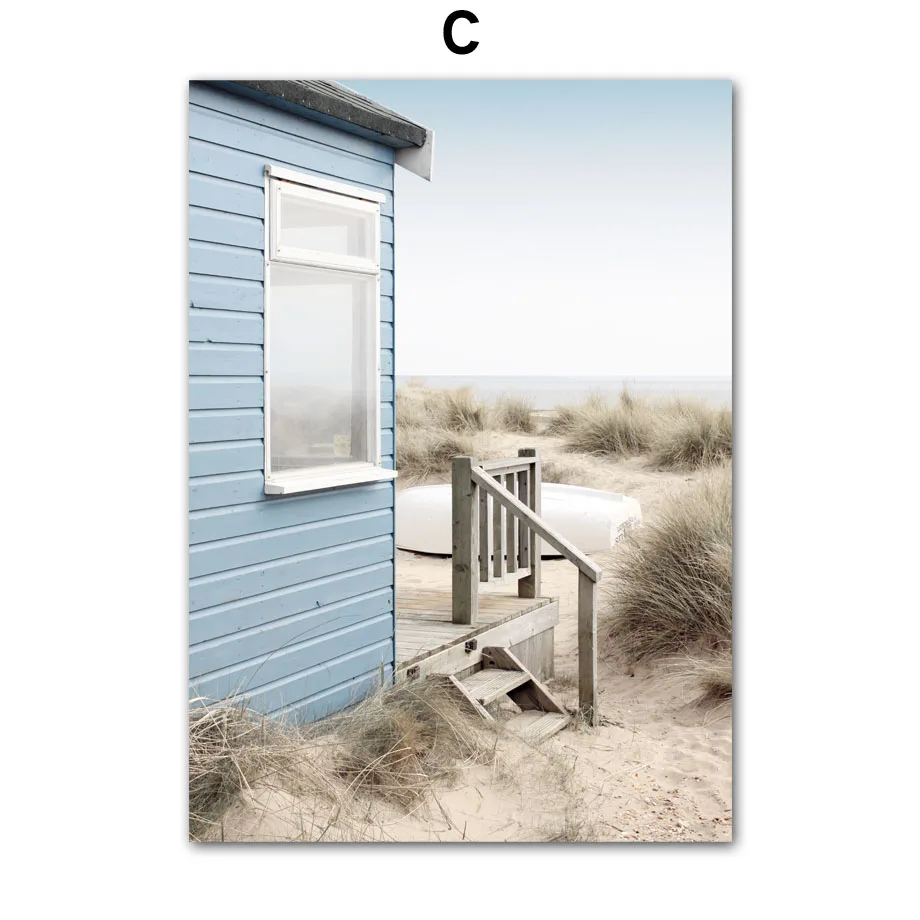 Cabaña de playa, puente, caña, estrella de mar, caracol, coral, océano, arte de pared, pintura en lienzo, carteles e impresiones, imágenes de pared para decoración de sala de estar