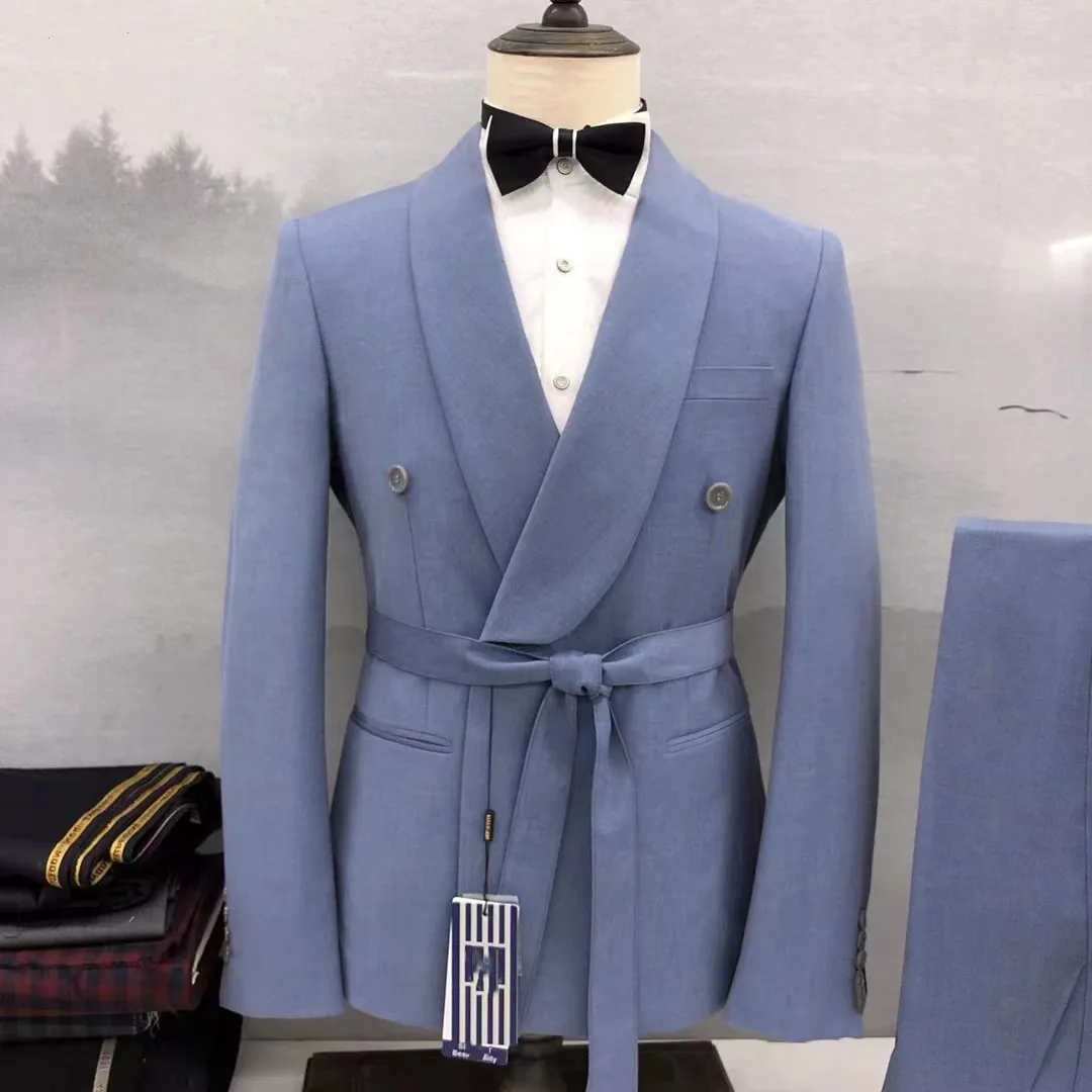 Fashion Light Blue Wedding Suits Men Paired with Belt Formal Groom tuxedos Shawl Collar Prom for Male Blazer Slim Fit