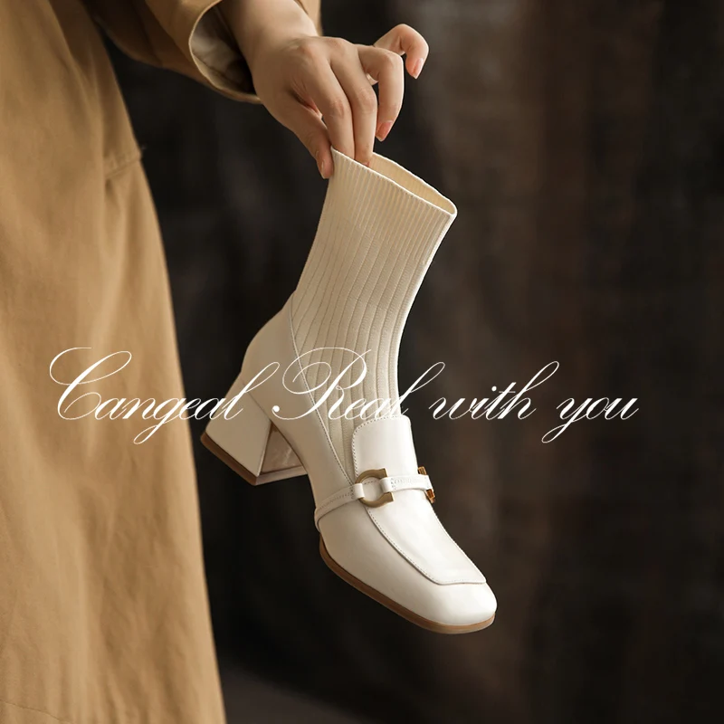 

Autumn and winter Women mid-calf boots natural leather 22-25cm cowhide buckle square toe chunky heel sock boots skinny boots