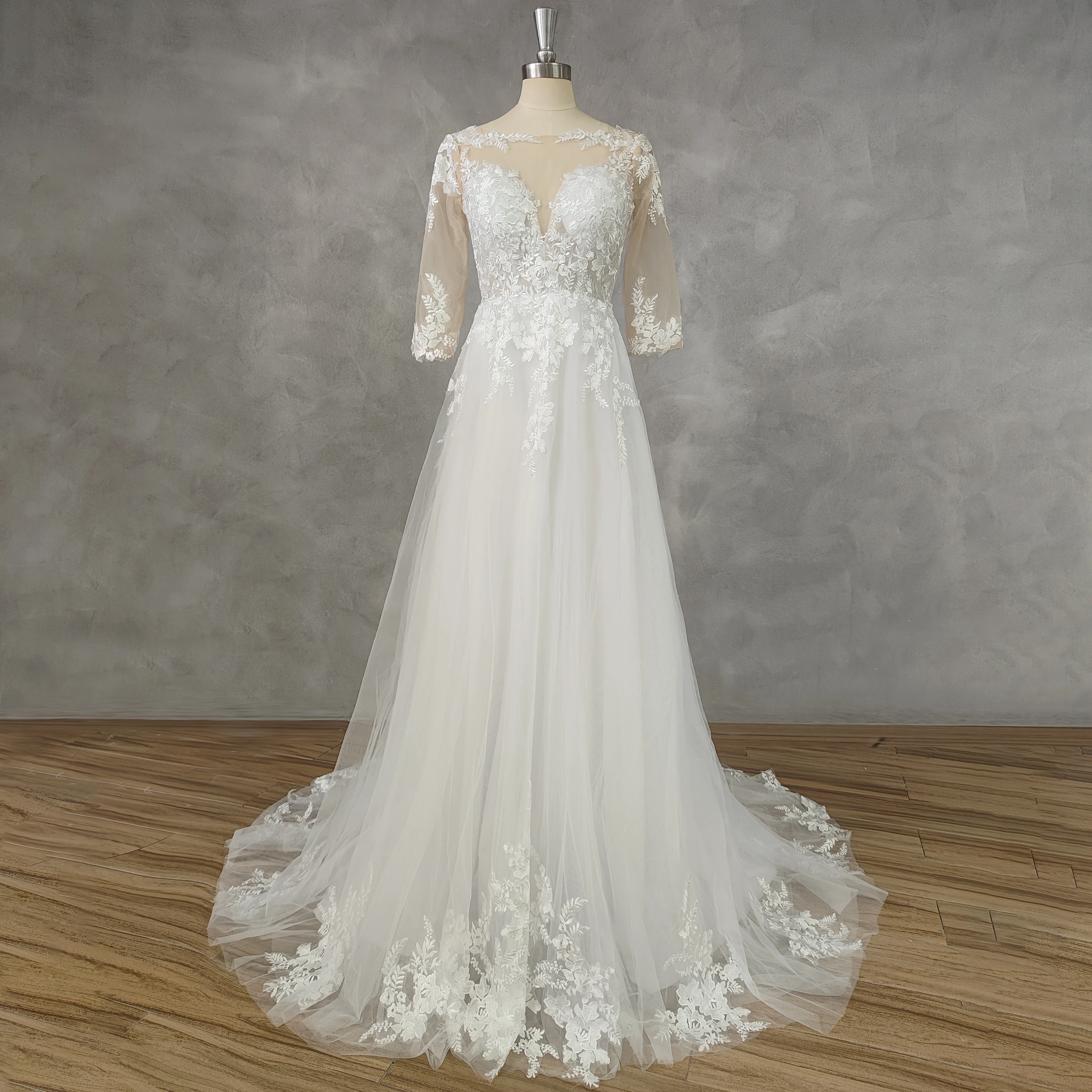 

DIDEYTTAWL Real Picture V-Neck Three Quarter Appliques Tulle A-Line Wedding Dress Illusion Button Back Court Train Bridal Gown