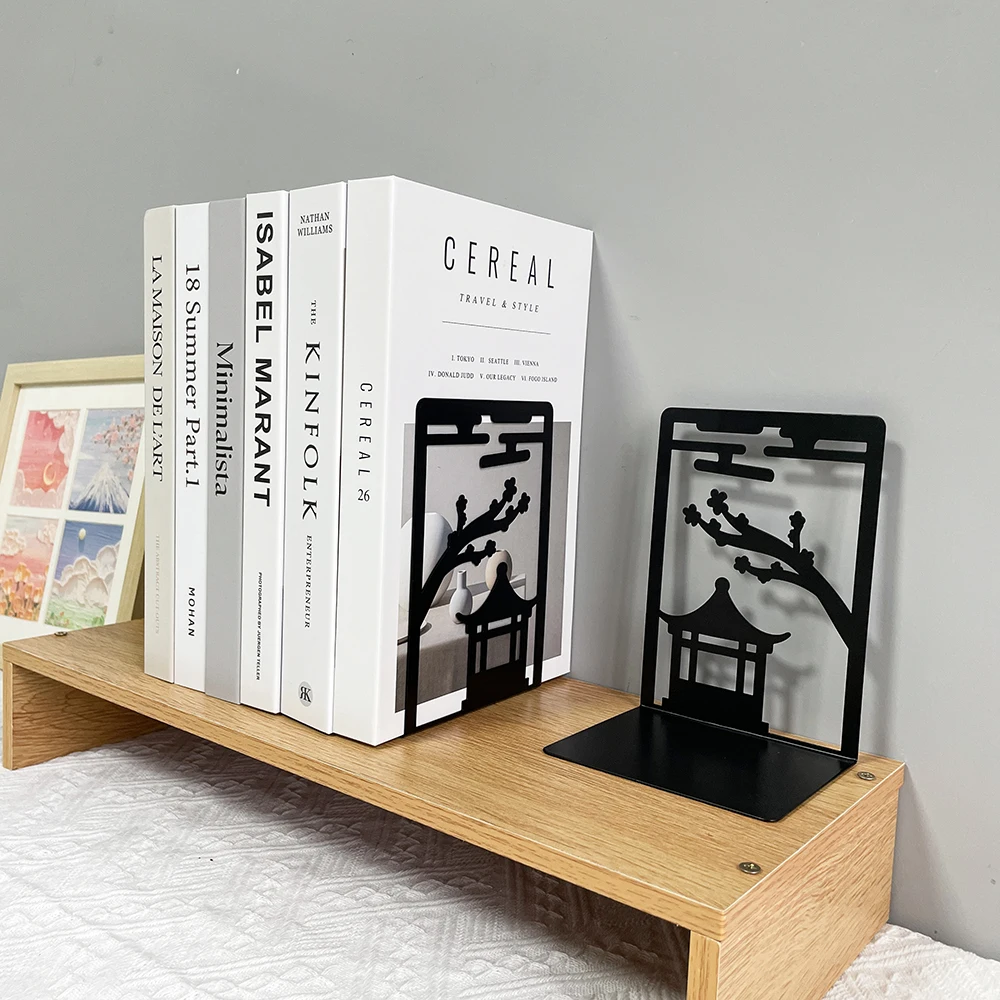 2pcs Chinese Style Gazebo Book End Metal Heavy Duty Bookends for Book Lovers Organising Desktop Home Office Iron Bookends 3