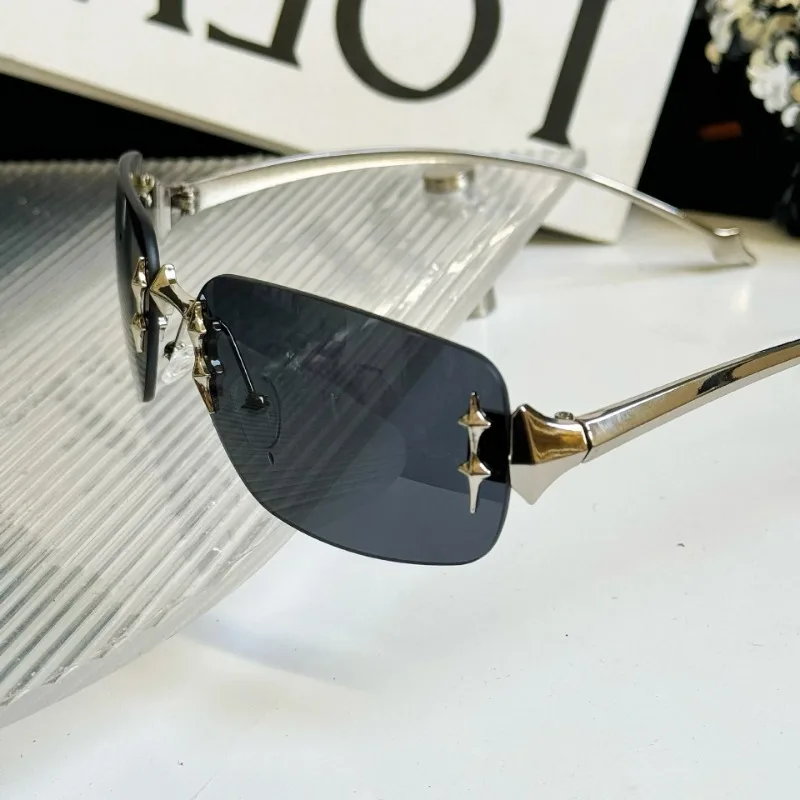 Y2K Vintage Rimless Square Sunglasses Women For Men Luxury Brand Designer Sun Glasses Punk Popular Hip Hop Rivet Star Shades UV