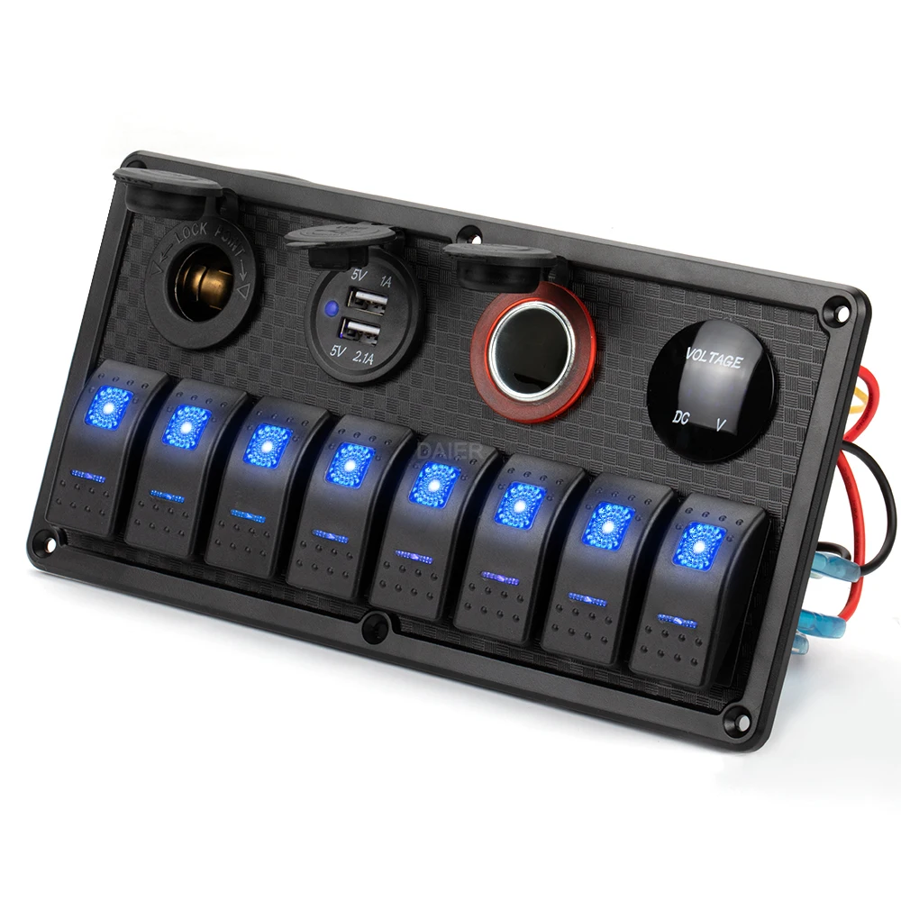 

Boat Marine Rocker Switch Panel 8 Gang Waterproof ON Off Toggle Switches with Digital Voltage Display 3.1A Dual USB Power