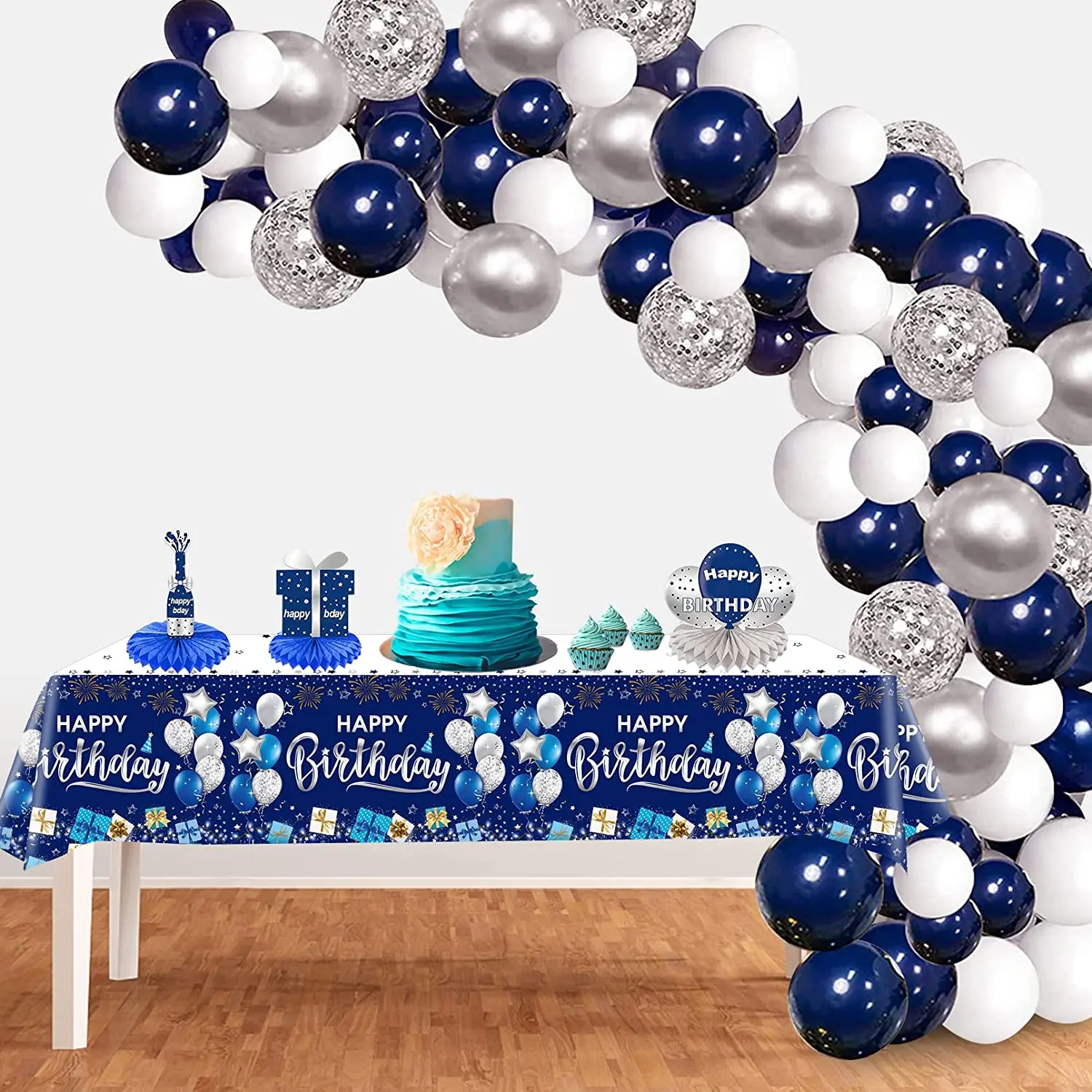 Juego De Vajilla Desechable Para Cumpleaños 18 - 37 Piezas Azul Marino Plateado, Incluye Mantel, Platos Y Servilletas Para 16 Personas