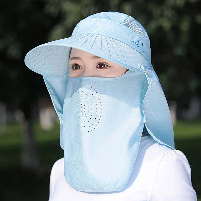 Chapéu de sol mulher verão feminino proteção uv boné de viagem ao ar livre  ciclismo máscara facial chapéu xale chapéus à prova de vento removível chá  picking - AliExpress