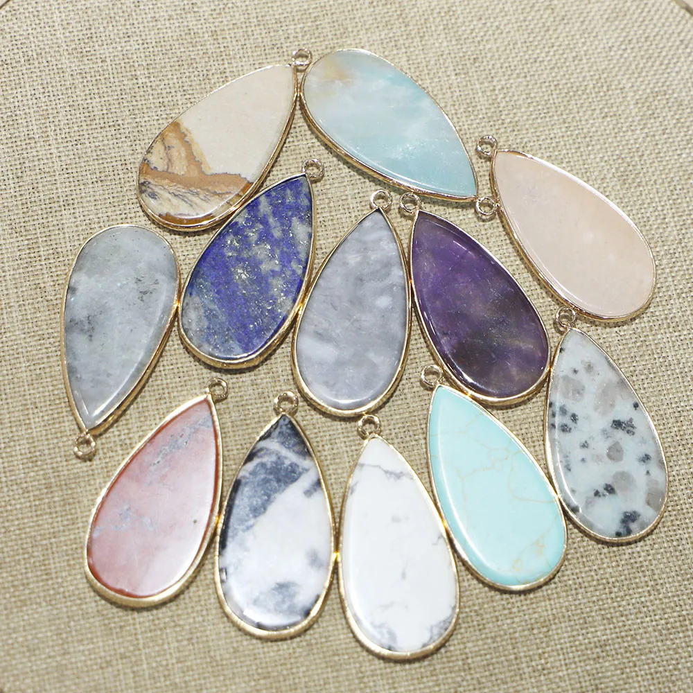 Hotsell Natural Stone Long Flat Water Drop Pendants Necklace Fashion Jewelry Making Diy Charm Earring Accessories Wholesale 8Pcs