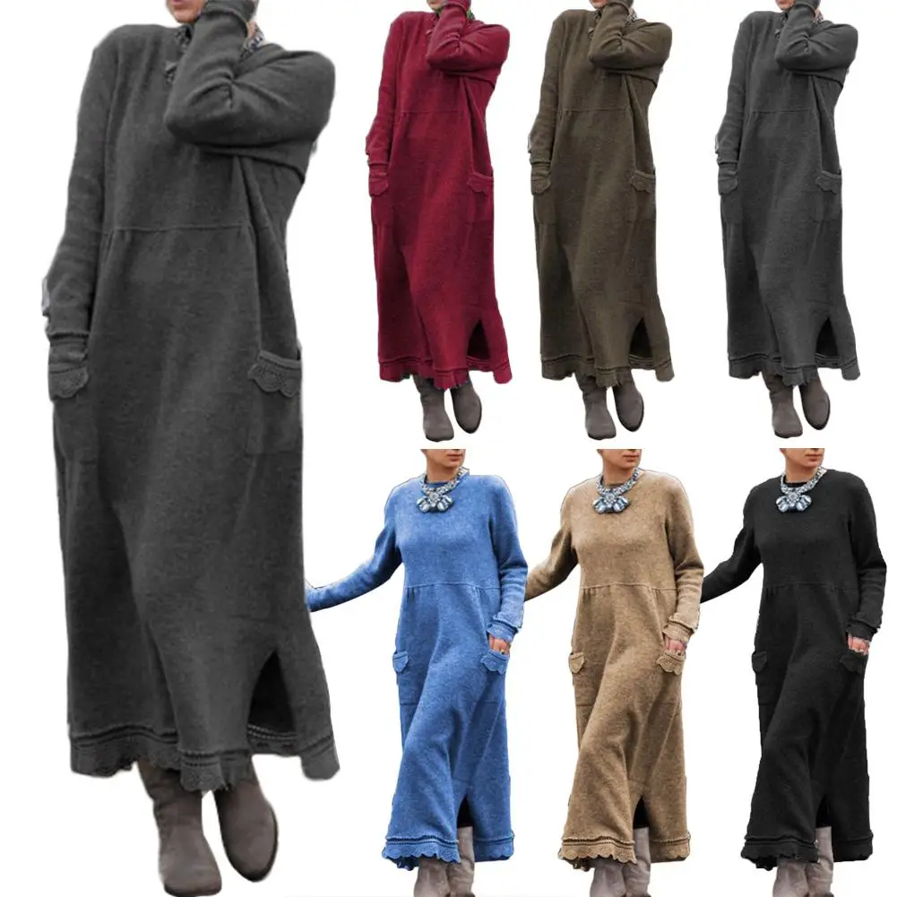 

Hem Maxi Dress Vintage Women Autumn Winter Long Sleeve Lacework Plus Size Knit