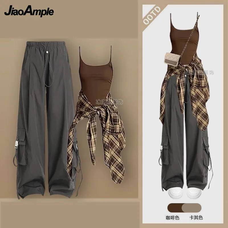 Women's Summer New Casual Sportswear Matching Set Korean Elegant Sunscreen Long Sleeved Plaid Shirt+suspender+Cargo Pants Suit