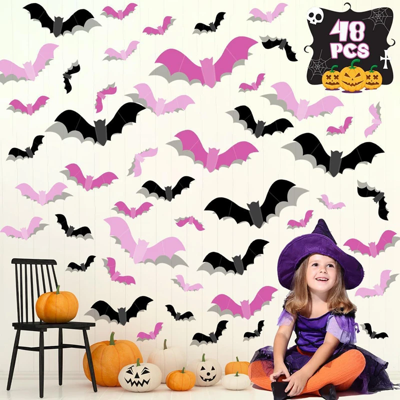 24/48Pcs Halloween Pink Bats Window Sticker 3D Spooky Bat Wall DIY Decal for Halloween Home Kids Room Indoor Outdoor Decoration