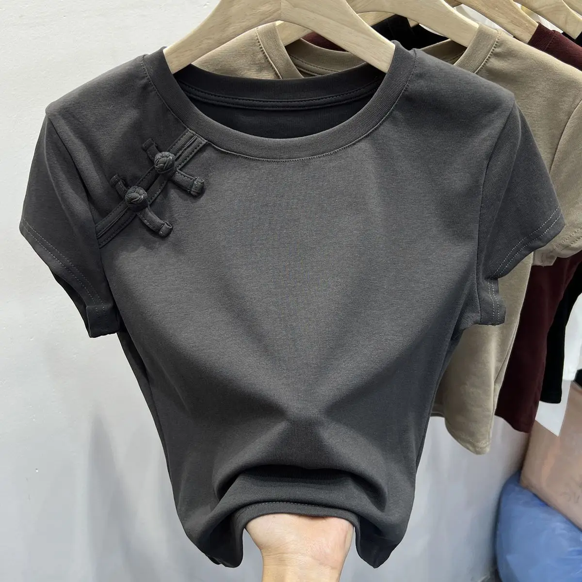 Chinese Style Summer T-shirts Women Crop Tops O-neck Gentle Buttons Soft Irregular Designed Short-sleeve Chic Pure College Retro