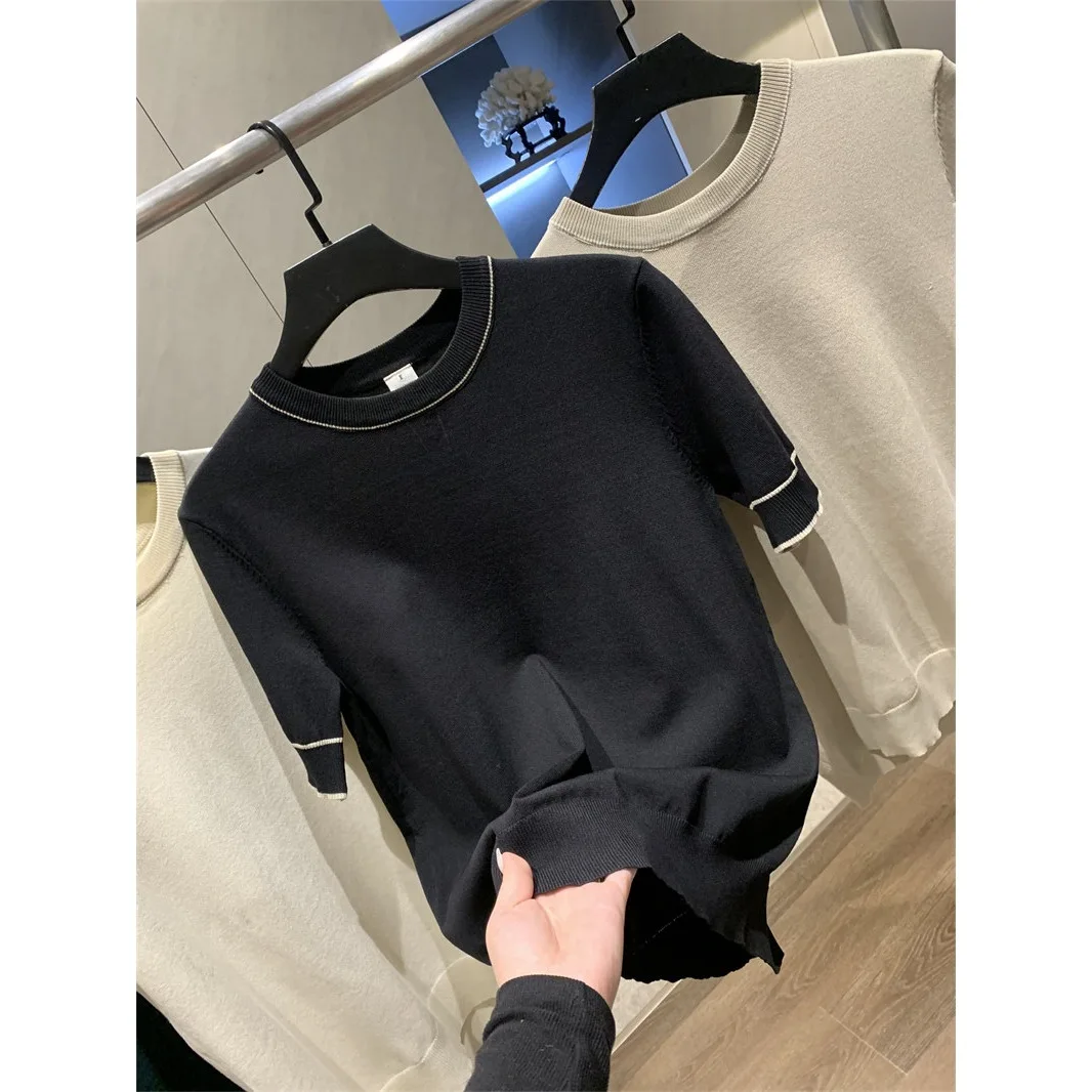 Camiseta de punto elástica de manga corta con cuello redondo, suave, cómoda y transpirable en color sólido para primavera y verano