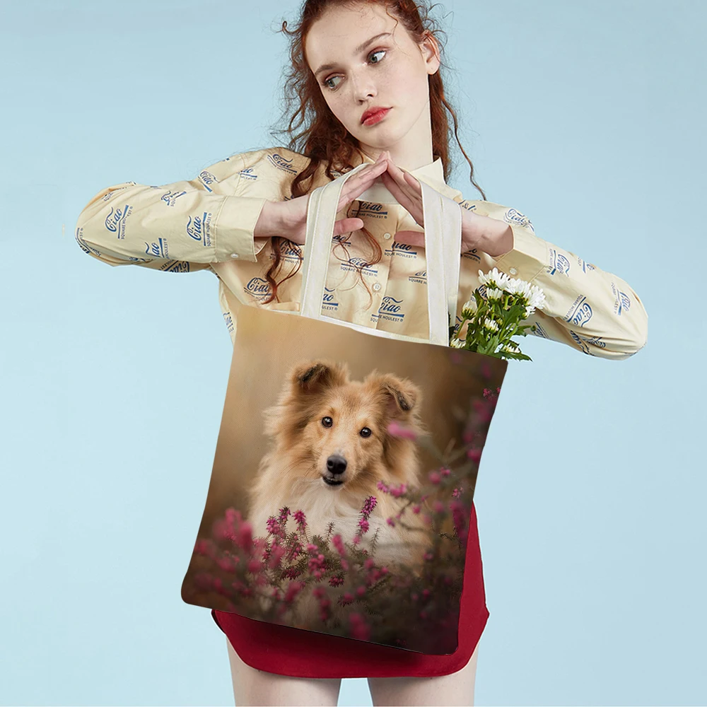 

Shetland Sheepdog Dog Tote Handbag for Women Student Casual Pet Animal Foldable Reusable Fashion Shopping Shoulder Bag