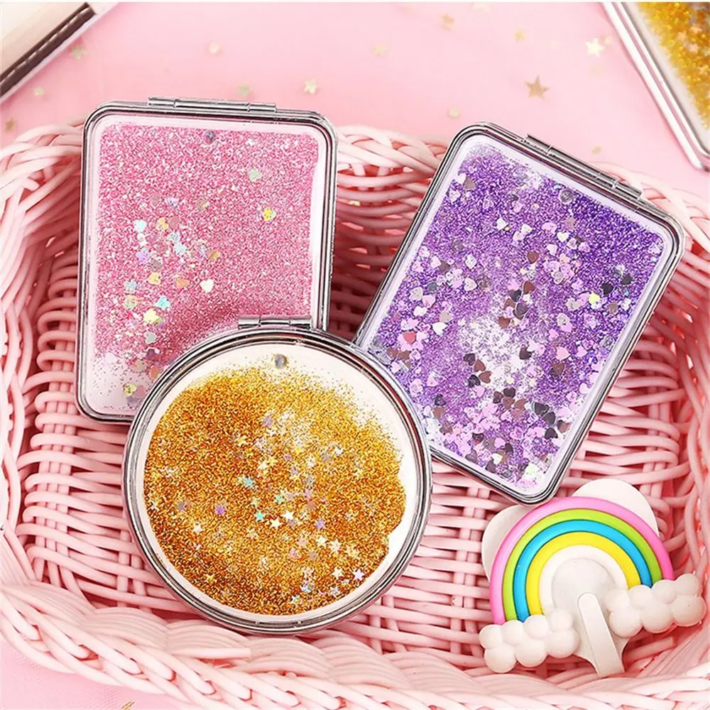 Exquisite Quicksand Makeup Mirror Magnifying Round Square Foldable Mirror Shiny Bling Compact Pocket Mirror Hairdressing Tool