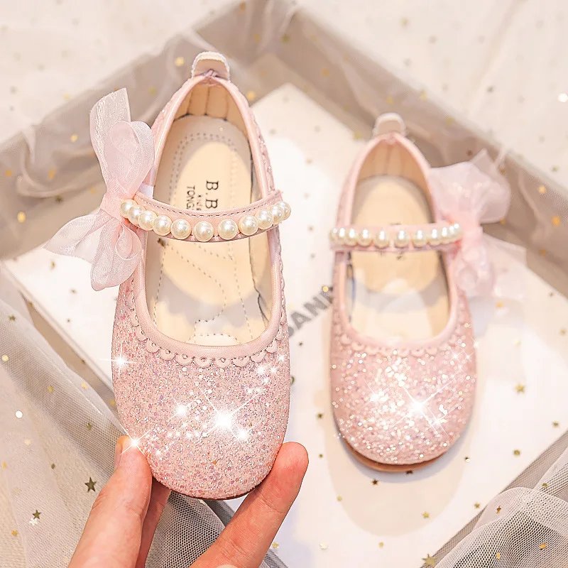 รูปสินค้า สาวOxfords Blingรองเท้าฤดูใบไม้ผลิฤดูใบไม้ร่วงเด็กโรงเรียนเต้นรํารองเท้าPearl Beadingsสาวใหญ่นุ่มรองเท้าหนังPUสีชมพู,สีเบจ