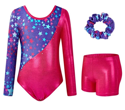 Kids Girls Gymnastics Sport Dance Leotard Set Jumpsuit Fancy Print Tops Shorts Dancewear Bodysuit Fitness Sportswear Swimwear
