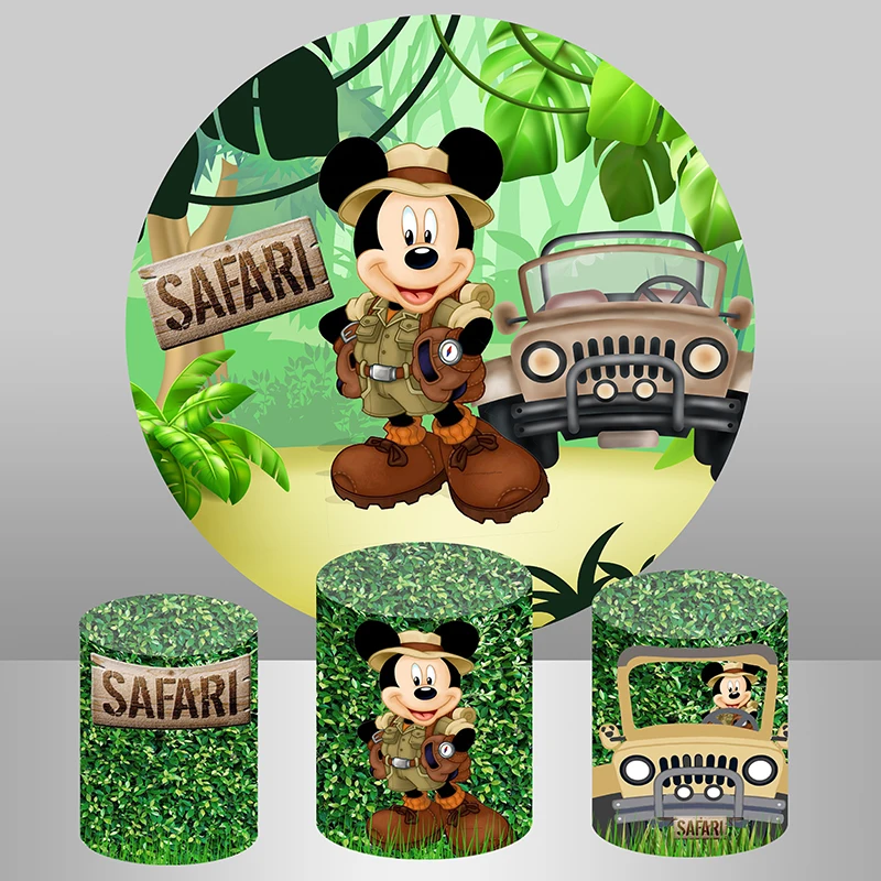 Topolino Ragazzi Safari Jungle Party Sfondo Rotondo Green Forest Cars Ragazzi Compleanno Cerchio Sfondo Coperture Cilindriche