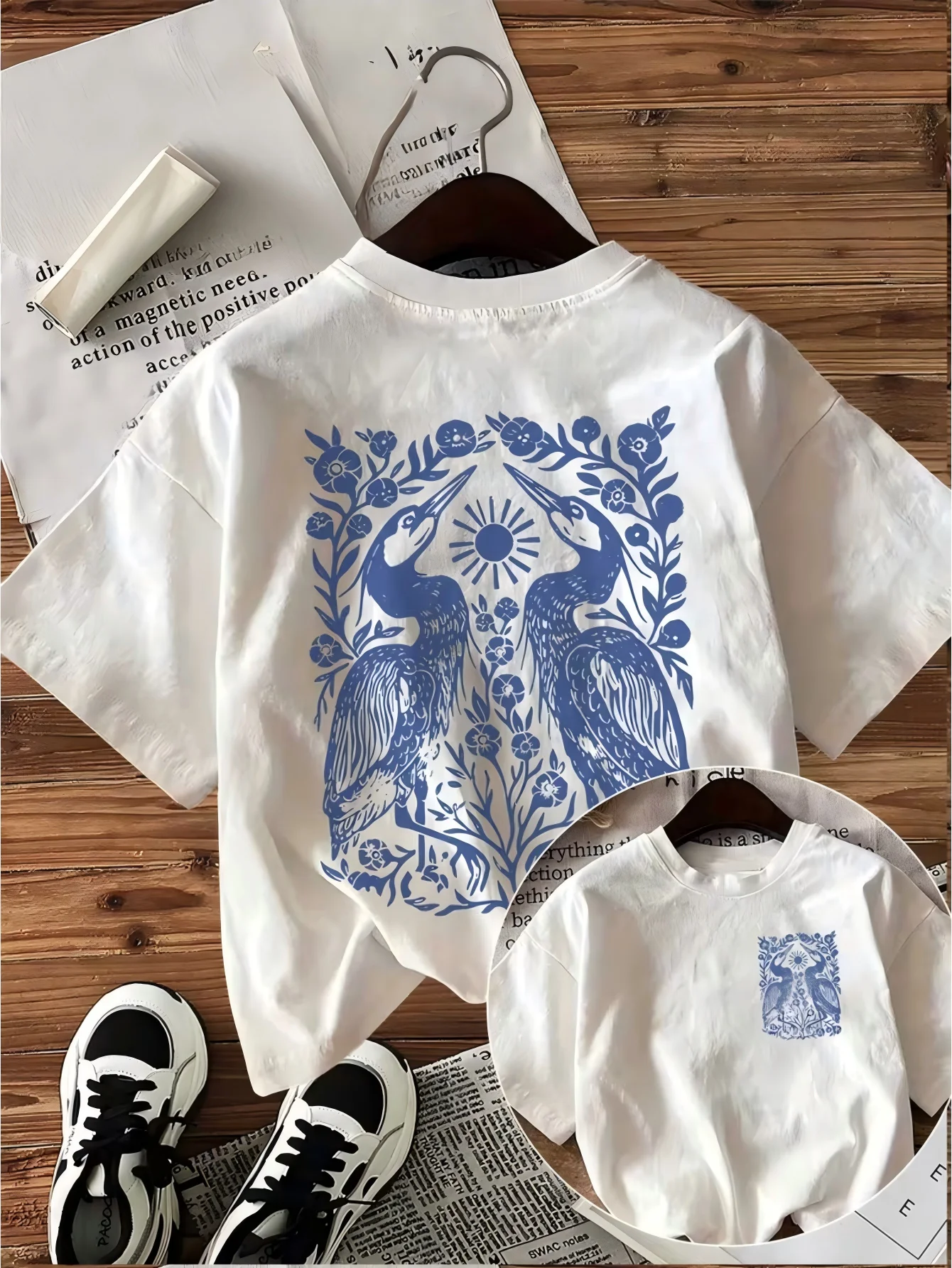 Vintage Heron Bird T-Shirt, symmetrisches Blumen-Grafik-T-Shirt, Retro-Ästhetik, Harajuku, Streetwear, Top, lässig, Unisex, Sommer-T-Shirt