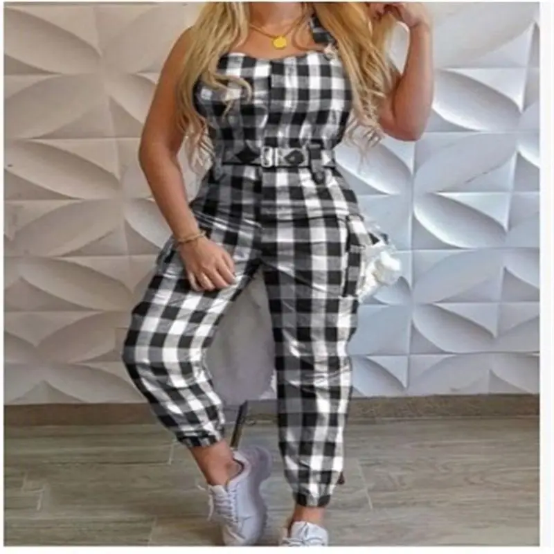 Women's Workwear Pocket Design Jumpsuit Sleeveless Strap Pants Minimalist Leggings+Belt