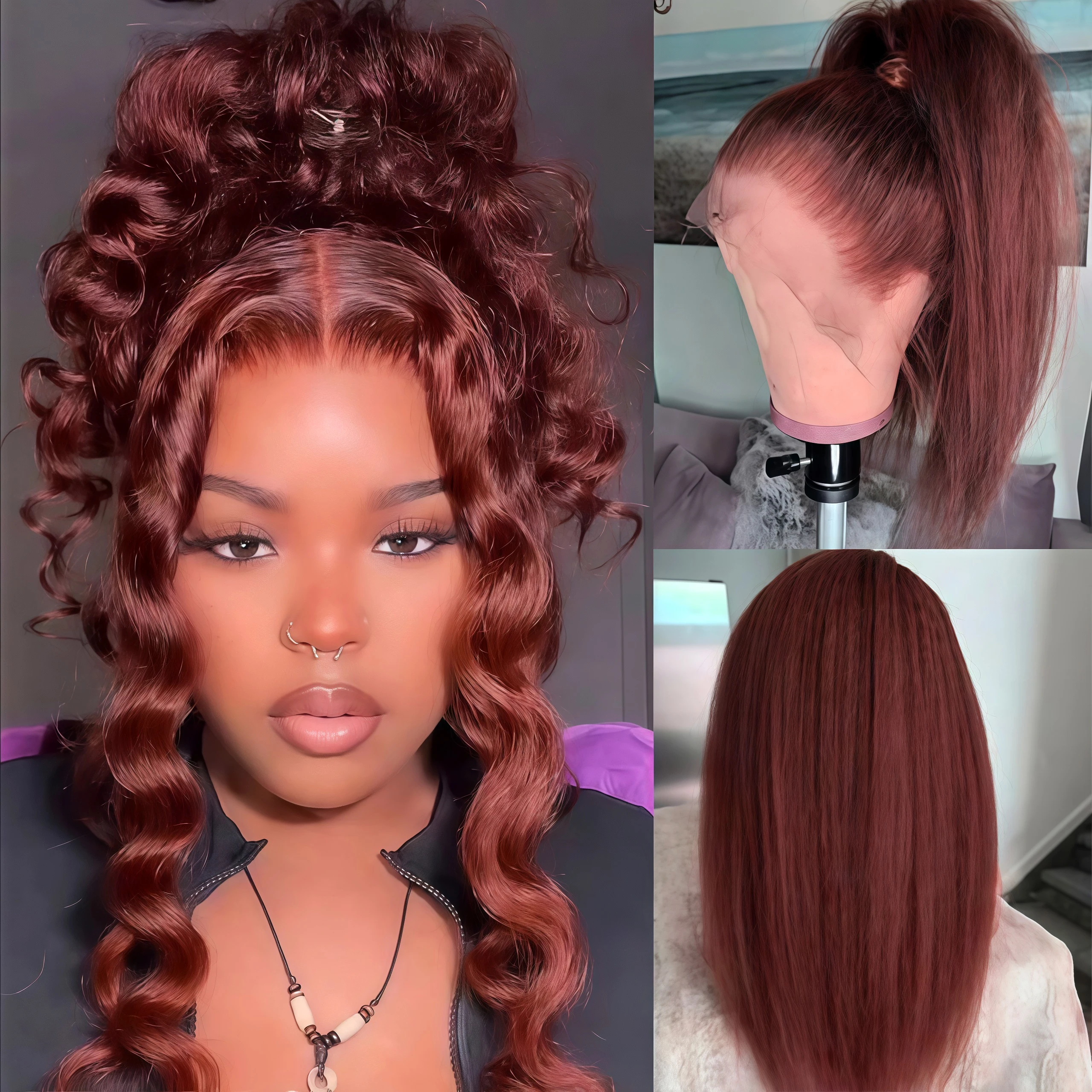Reddish brown Kinky Straight Human Hair Wig 13x4 HD lace frontal human hair wig 4x4 Closure human hair wig glueless Colored Wigs 4
