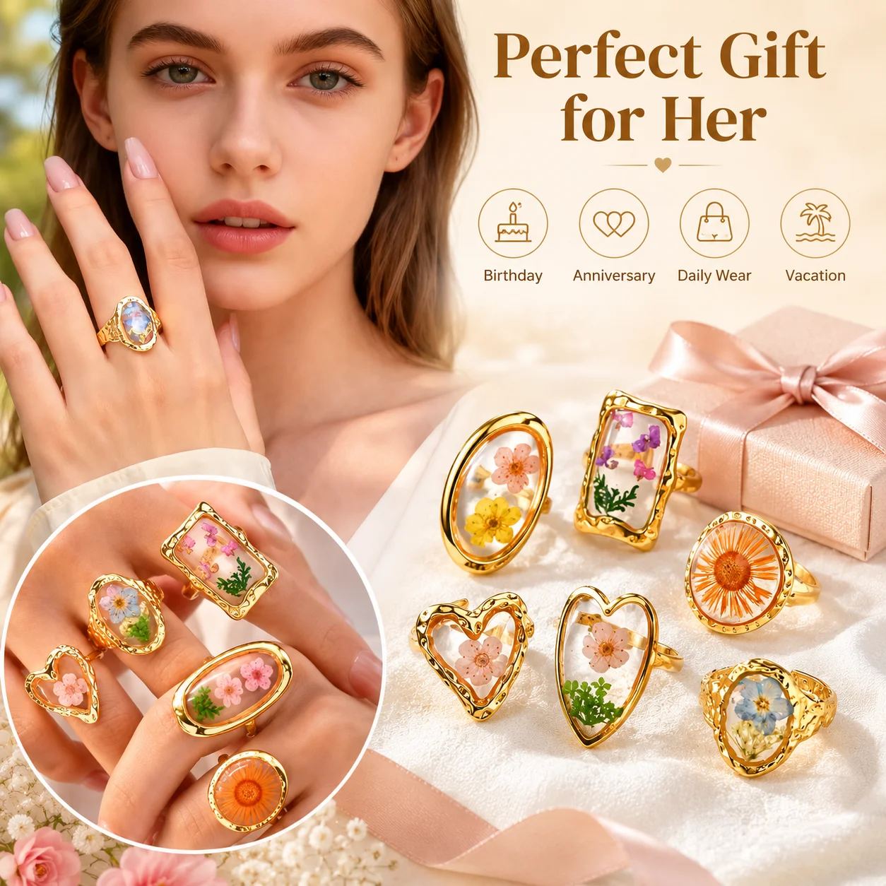Anelli in Acciaio Inossidabile per Donne, Gioielli con Fiori Secchi in Resina, Anelli Floreali Vintage Geometrici Aperti Regolabili, Impermeabili - immagine 6