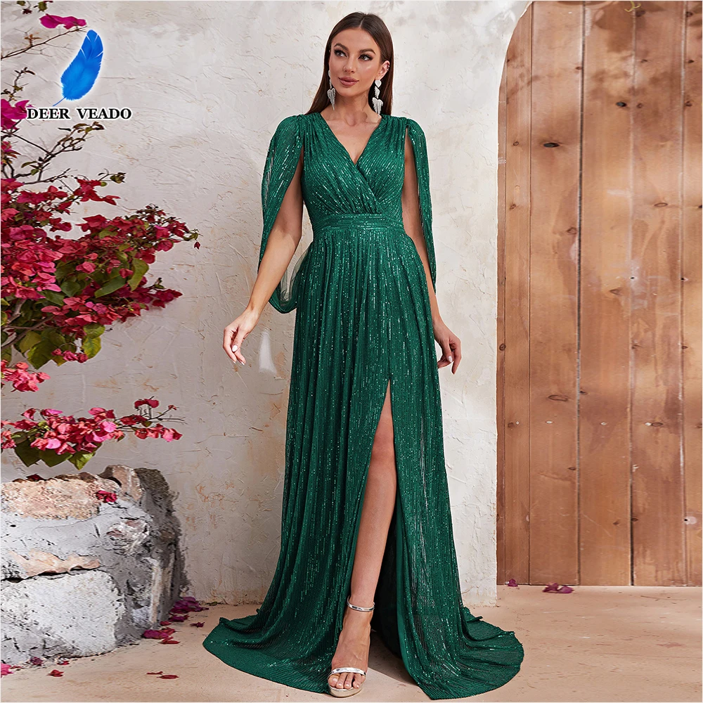 

DEERVEADO Sequined V Neck Slit Evening Dresses Long Women's Elegant A Line Party Maxi Dress Special Occasion Dress Prom Gown