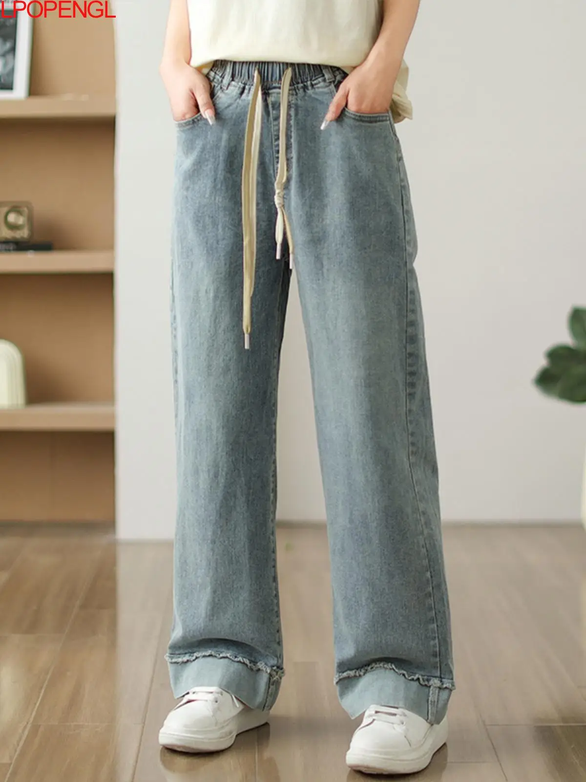 

Women's Straight Jeans Spring Summer New 2024 Loose Versatile Streetwear Drawstring Raw Edge Patchwork Denim Wide-leg Pants