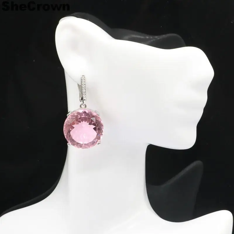 Pendant Earrings 35x20mm Big European Design Round 16g 20mm Pink Kunzite CZ Women Dating Silver