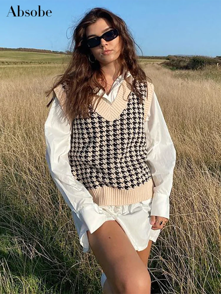 

Absobe Contrast Color Plaid Knitted Sweater Vest Women V-Neck Splice Casual Sleeveless Sweater Pullover Hottie Autumn Streetwear