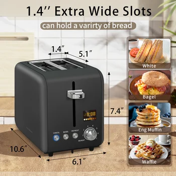 Toaster 2 Slice,Stainless Steel,LCD Display,7 Bread Shade Settings,1.4'' Wide Slots,4-in-1 Functions,Removable Crumb Tray,900W 2