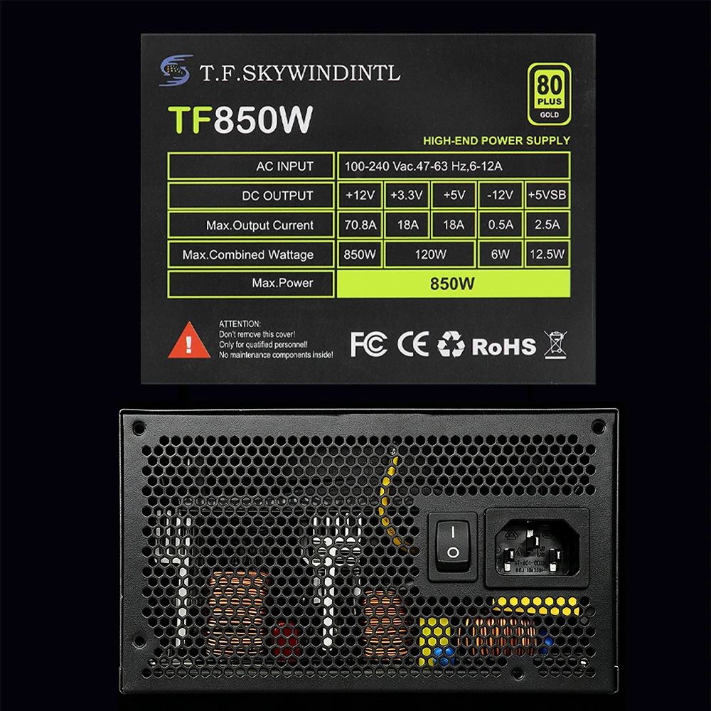850W ATX 전원 공급 장치 80+ Gold, PCIe 5.0 12VHPWR, 액티브 PFC 100-240V, 저소음 12cm 팬, 비모듈식 플랫 케이블, +12V 70.8A