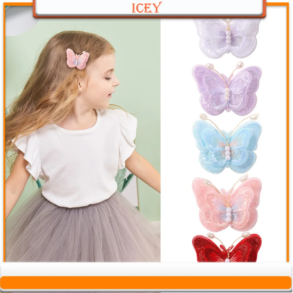 

1pc Double Layered Lace Red Butterfly Fluorescent Silk Pearl Sparkling Children's Purple Hair Clip Princess Cute Baby Headwear