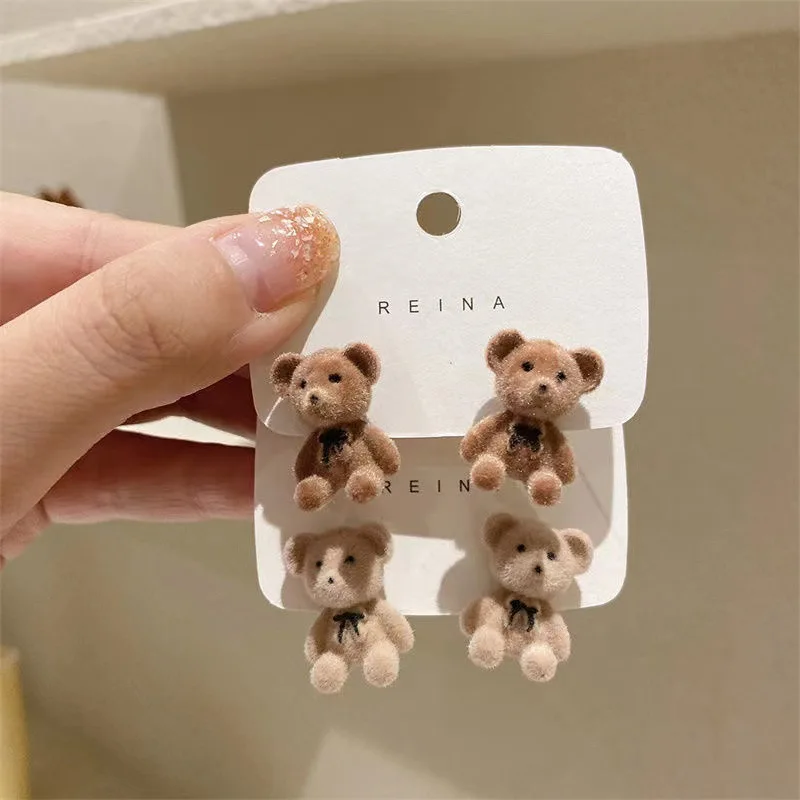 Cute Flocking Plush Bear Stud Earrings Kawaii Animal Earrings for Women Girls Korean Earring Jewelry stud earrings