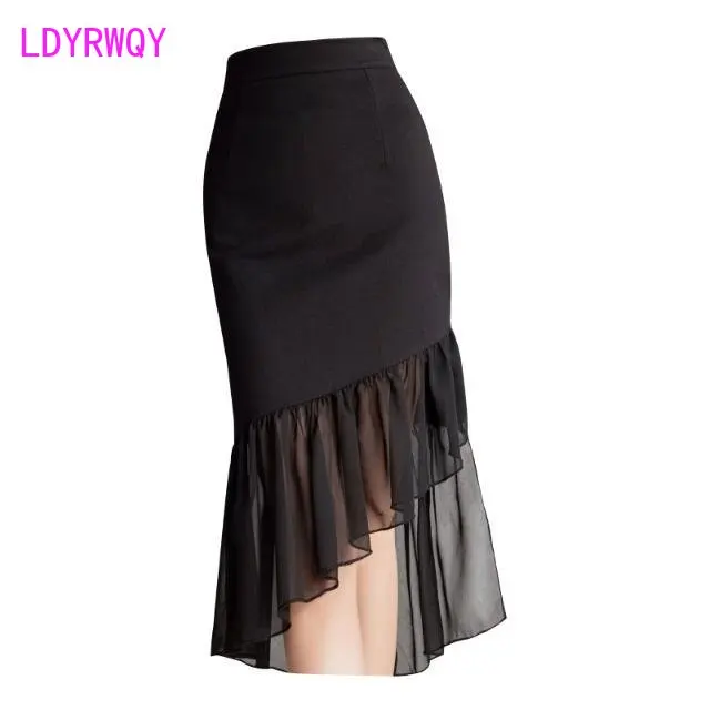 Irregular chiffon paneled skirt stretch slim slim hip wrap step skirt swamp dovetail skirt