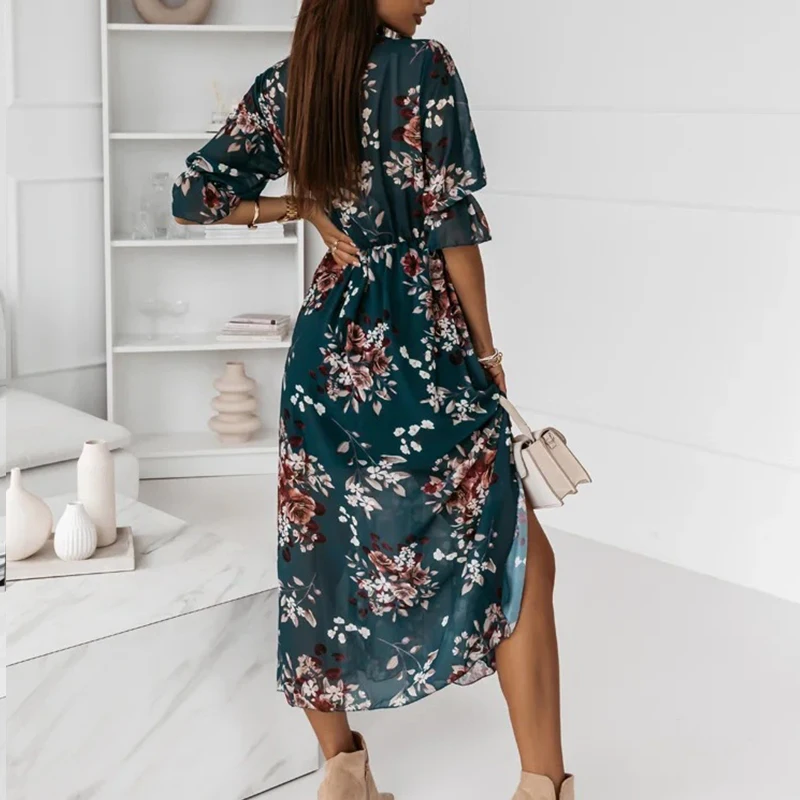Women Ruffle Sleeve Long Dresses Party Sexy V Neck Retro Print Maxi