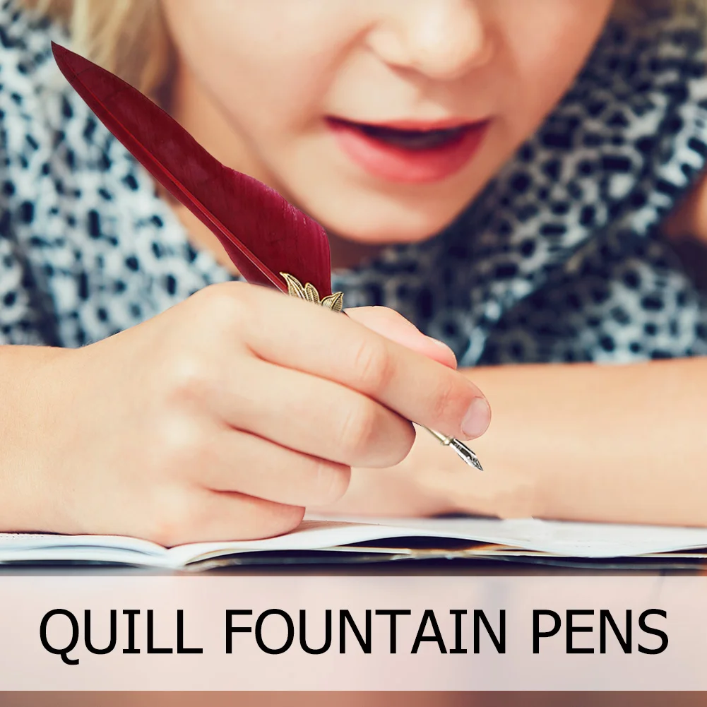 Vintage Feather Fountain Pens Copper Penholder with 5 Nibs Antique Calligraphy Pen Replaceable Soft for Christmas Birthday Gift