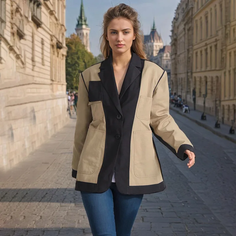 

EDGLuLu новый модный индивидуальный цветной контрастный комбинированный Блейзер Пальто дизайнерское Свободное пальто с большими карманами осень-зима 2024 0628