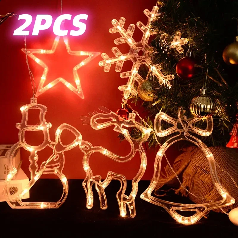 2 Stück LED-Lichterketten mit Saugnapf, Weihnachtsmann, Schneemann, Fensterbeleuchtung, Weihnachtsbaum-Dekoration_voghion.com