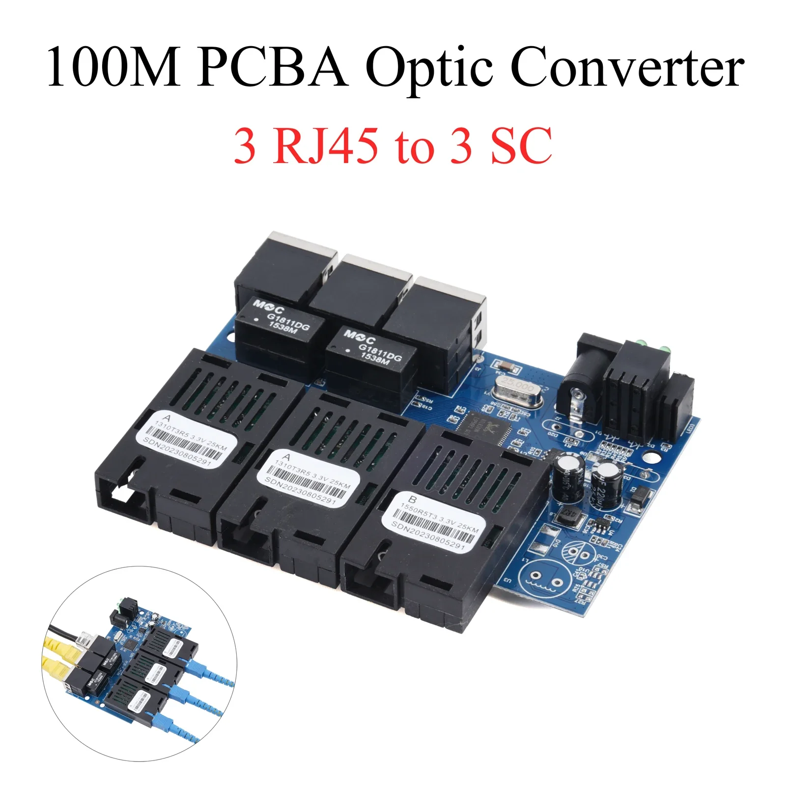 

10M/100M PCBA Board Fiber Optic Media Converter 3 RJ45 to 3 SC Optic Connector 20KM Ethernet Switch 1310nm/1550nm 2A+1B Ports