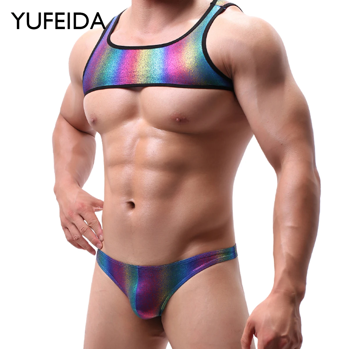 YUFEIDA Men's Gym Fitness Harness Tanks Briefs Sets PU Leather Underwear Cropped Tops+panties Gay Sexy Stage Performance Costume 2023 women summer 2pcs suit sets sleeveless floral print cami tanks and shorts set high waist matching sets female elegant sets