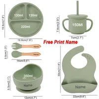 6Pcs Silicone Tableware For Kids Baby Feeding Sets Sucker Bowl Dining Plate Spoon Fork Bib Cup Personalized Name Children's Gift 2
