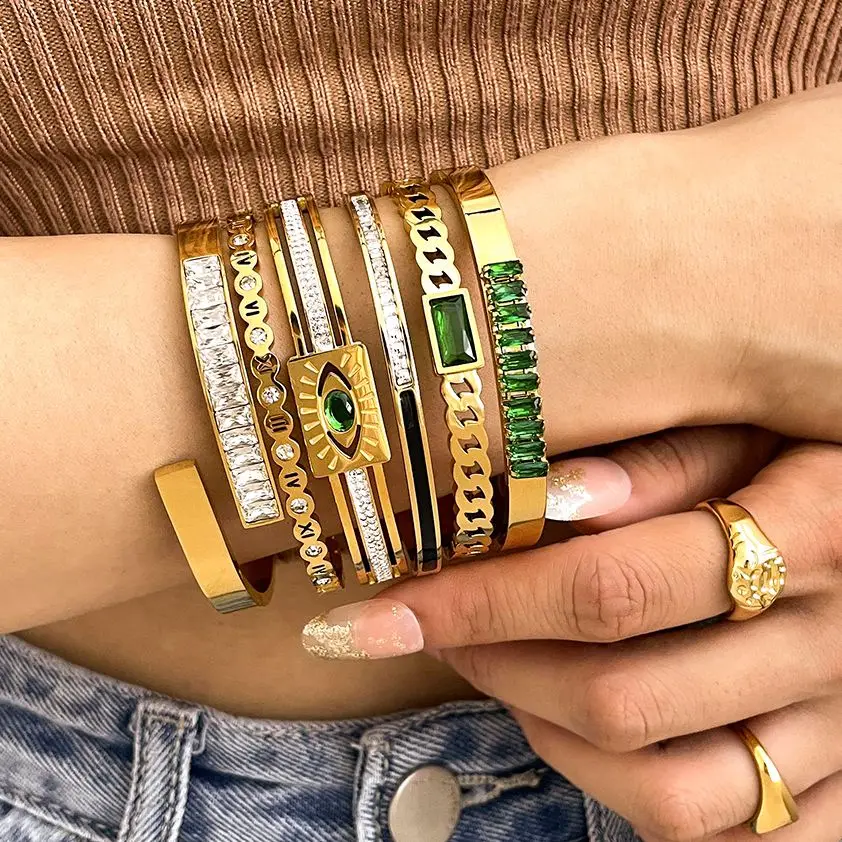 Bangle Bracelet Zircon Bracelet Stainless Steel Bracelet Flashbuy Trendy Chic Green Zircon Stainless Steel Bangle Bracelets for Women Charm Texture Simple Gold Color Accessories