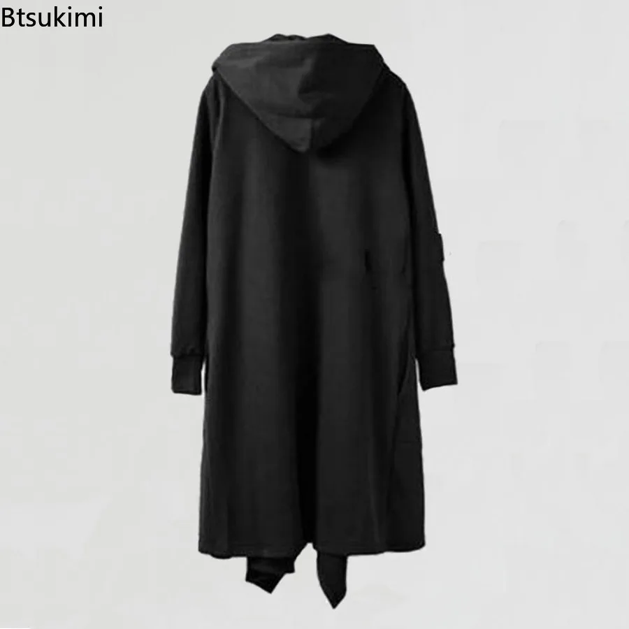 Spring Autumn New Men Ribbons Patchwork Punk Hip Hop Long Trench Coat Hooded Cloak Men Black Techwear Vlevet Jacket Overcoat