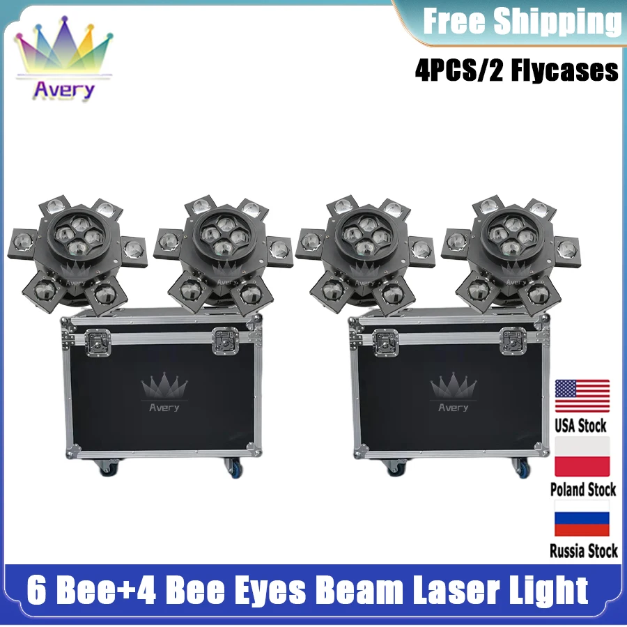 0 Tax 4Pcs Led Disco Laser Light Con 2 Flycase Dmx Bee Eye Beam Moving Head 6 + 4 Bee Rgb Stage Lighting Effect Per Bar Party