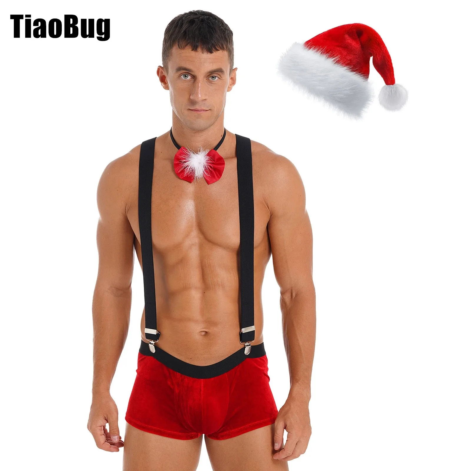 

Mens Christmas Costume Outfit Party Nightwear Low Rise Bulge Pouch Velvet Boxer Shorts with Suspenders Bow Tie Santa Claus Hat