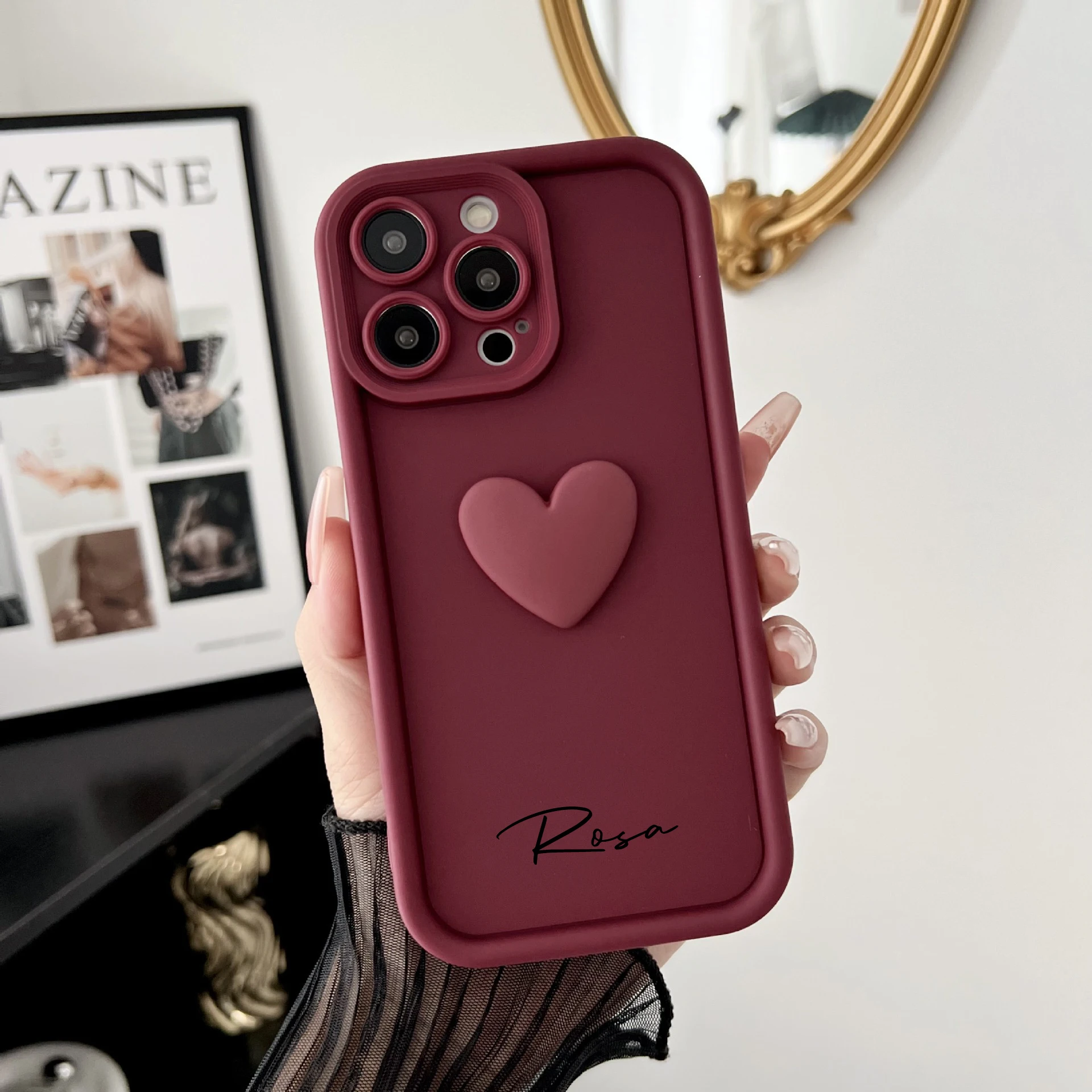 thumbnail image 1 of Bonita funda personalizada con nombre y corazón de amor para iPhone 16, 15, 14, 13, 12, 11 Pro Max, funda de silicona suave de lujo personalizada DIY 15 Pro Max, 1 of 5