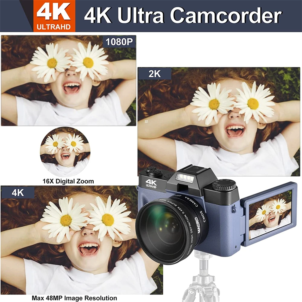 Macro Lens 4K Digital Camera Flip Screen Selfie Camcorder 48MP Youtube Vlog WIFI Webcam Vintage Video Recorder 16X Wide Angle