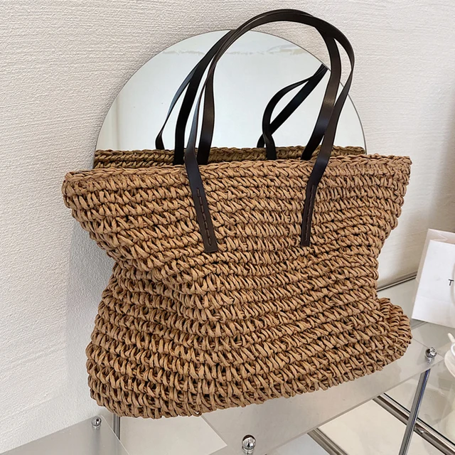 Knitted Straw & Leather Tote - Large Capacity Handmade Beach Shoulder Bag